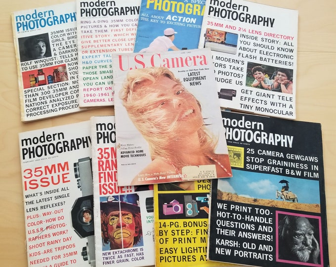 Nice Collection of 9 Vintage Modern & Popular Photography and US Camera Magazines 1957-1962