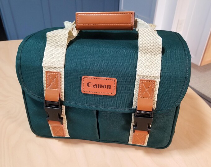 Classic Canon Green and Tan Nylon, Canvas, and Leather Camera Bag with Handle & Shoulder Strap - Near Mint Condition - DSLR Camera
