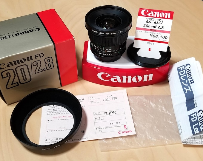 Canon NFD 20mm f/2.8 Lens Set w/ Canon Box, Canon BW-72 Lens Hood, Canon Front & Rear Caps, Instructions and Registration Card - Mint