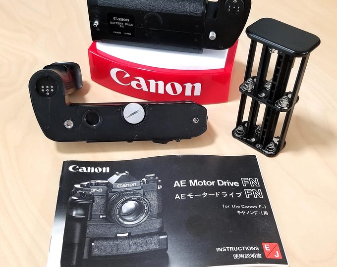 Canon AE Motor Drive FN Set for Canon New F-1 w/ Instruction Book, Battery Pack FN - Fully Tested - Minty