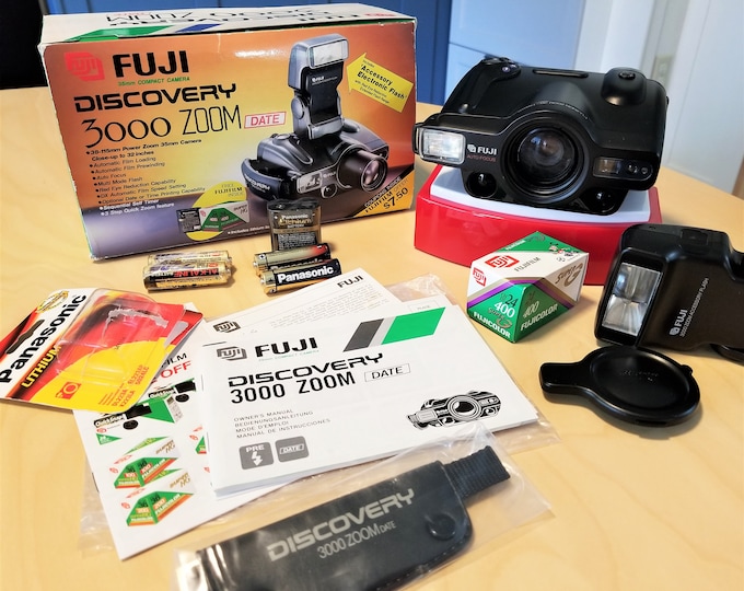 Fuji Discovery 3000 Zoom Date 35mm Film Camera Set - NIB - 38-115mm Zoom Lens - Tested - Includes Box, Flash, New Batteries, Film, Inst
