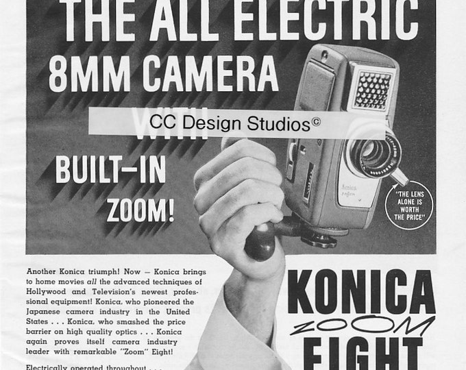 Vintage Konica Magazine Advertisement 1960 - Collectible Movie Photography Ad - 8 mm Zoom Camera - Made in Japan - Approx. 11 x 8 inches