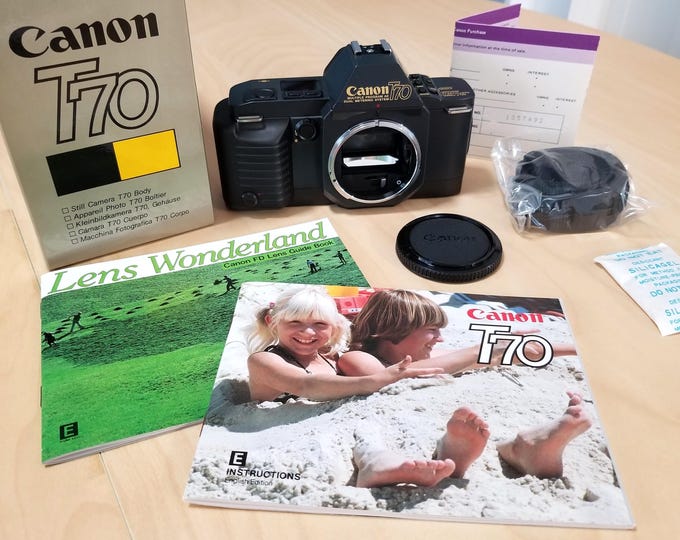 NOS Canon T70 35mm Film Camera SLR Set w/ Original Box, Canon Strap, Cap, Books, Instructions - Mint New