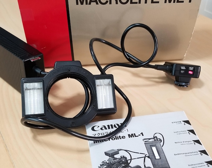 Rare Canon Macrolite ML-1 Electronic Flash for Canon F-1, A-1, AE-1 35mm Film Cameras - NOS - Complete w/ Box, Cables, Inst, Adapters - Mint