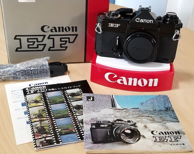 Stunning Black Canon EF 35mm SLR Film Camera w/ Original Box, Instruction Book, Brochures, New Batteries, & Strap - Film Tested