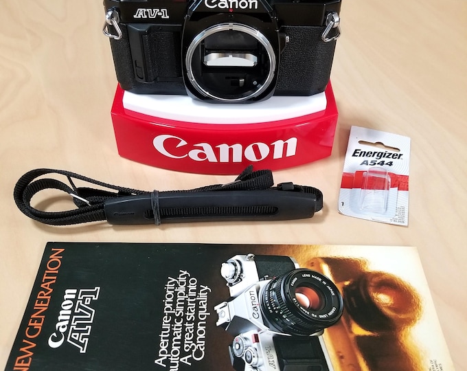 Canon Black AV-1 35mm SLR Film Camera - Minty, Super Clean & Tested - Battery, Strap, Brochure