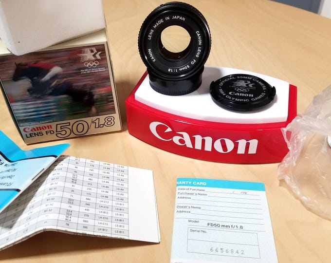 Canon NFD 50mm f/1.8 Lens, 1984 LA Olympics w/ Canon Box and Caps, Papers, Books - NOS - New, Never Used - Canon F-1