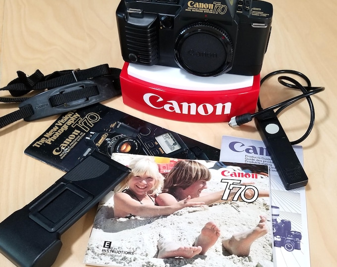 Canon T70 35mm SLR Camera - Rare U.S. Navy Issue w/ Canon Command Back 70 and Remote Switch 60 - Later 1985 Version - Fully Tested