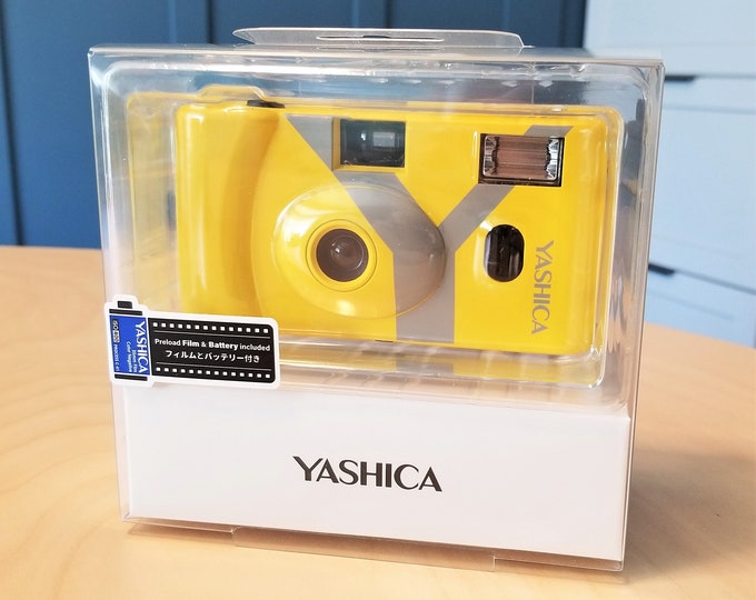 HTF Yellow Yashica MF-1 35mm Film Camera w/ Yashica Film, Instructions, Battery - New in Unopened Box