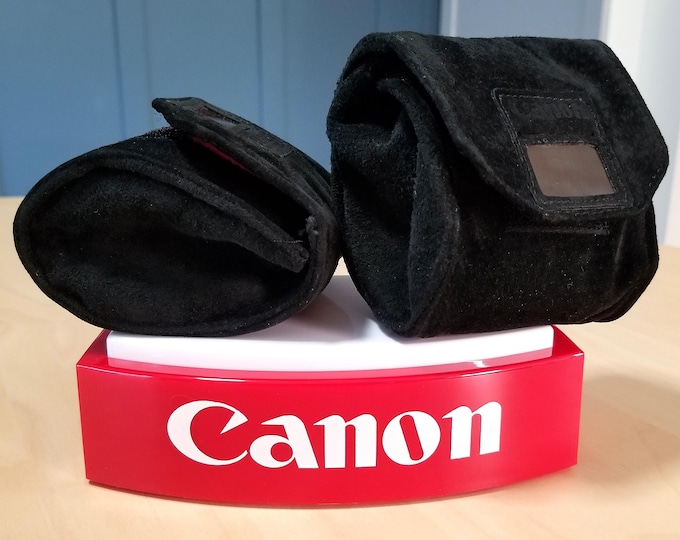 Rare Canon LS-A9 Suede Camera Lens Cases (2) - for Canon NFD Lenses 24-50mm - Black w/ Red Interior - Excellent Condition