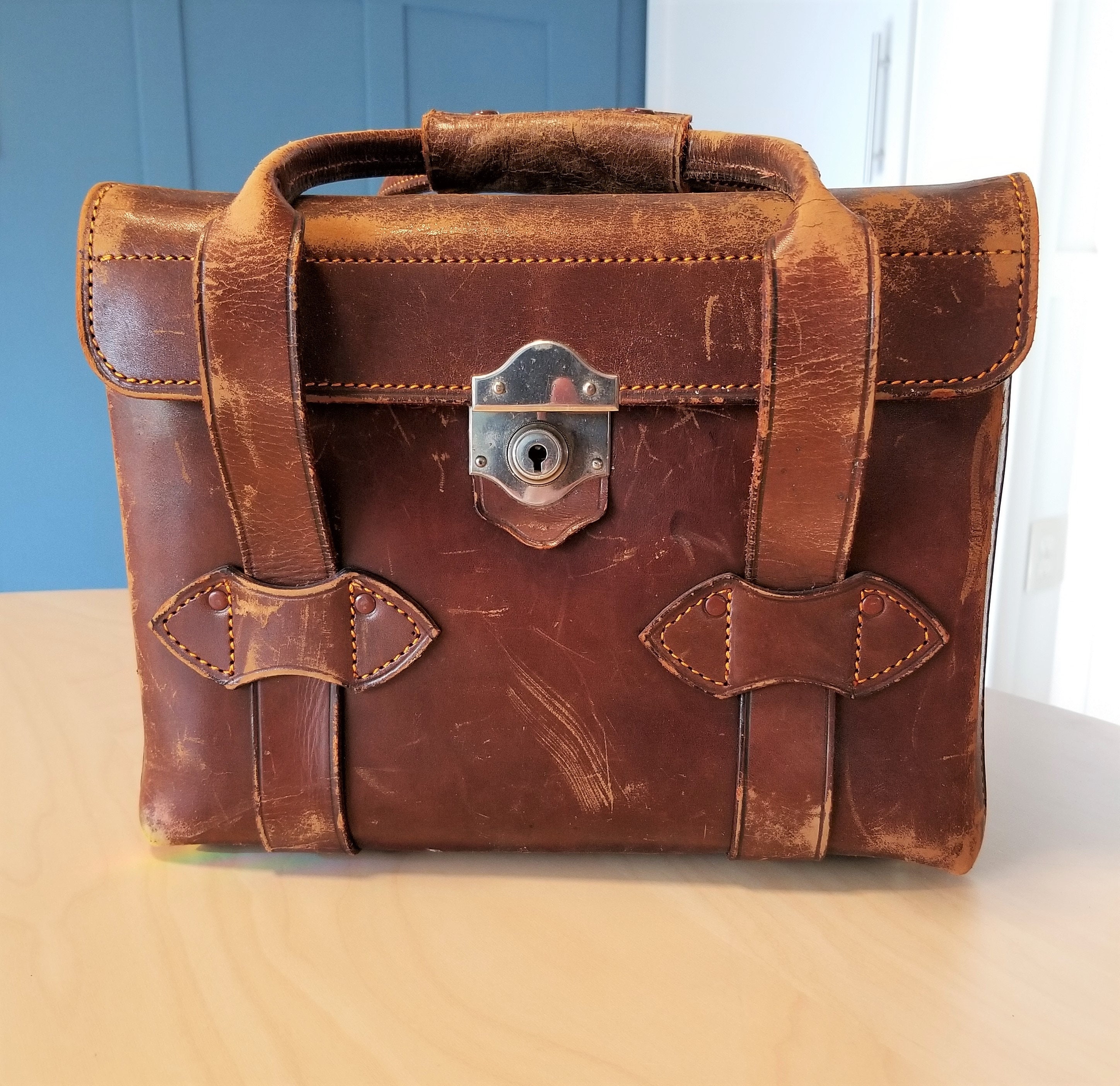 Vintage Large Leather Camera Bag w/ Carry Handles & Adjustable Shoulder