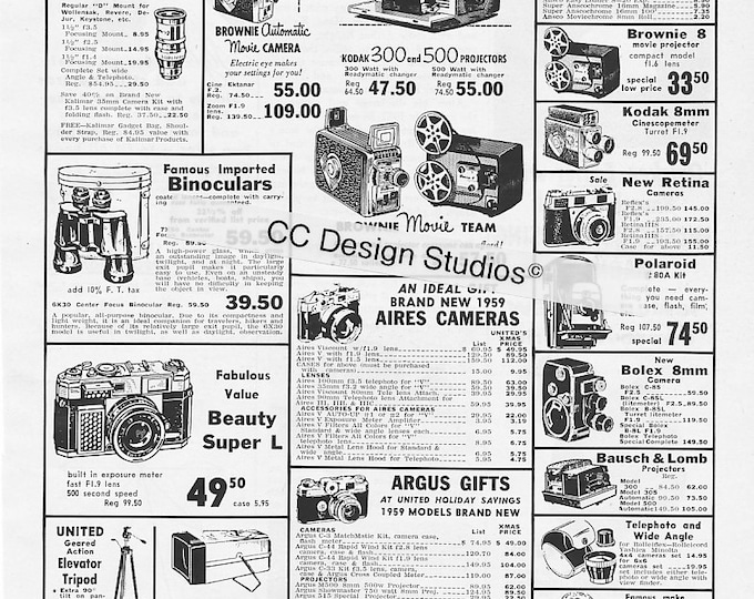Vintage United Camera Exchange Magazine Ad 1960 - Kodak, Argus, Polaroid, Bolex, Bausch and Lomb, Kodak Film - NYC Stores  - Wall Decor