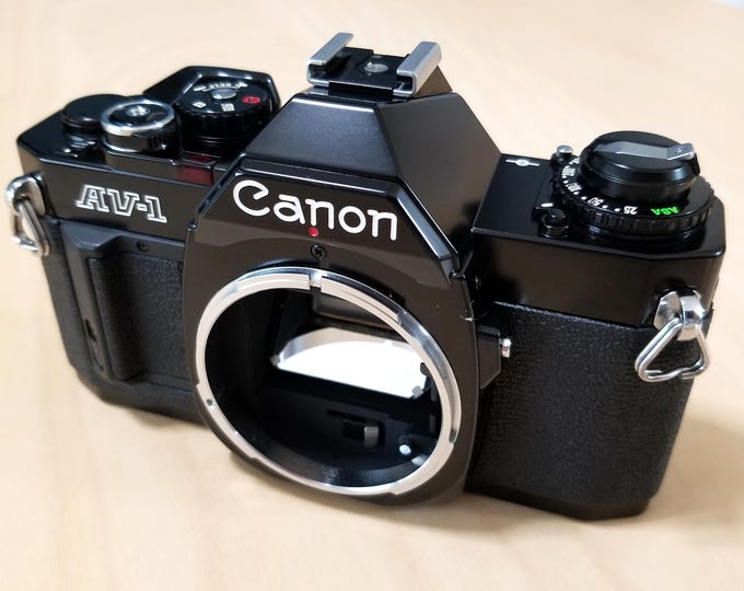Canon Black AV-1 35mm SLR Film Camera - Minty, Super Clean & Tested - Battery, Strap, Brochure