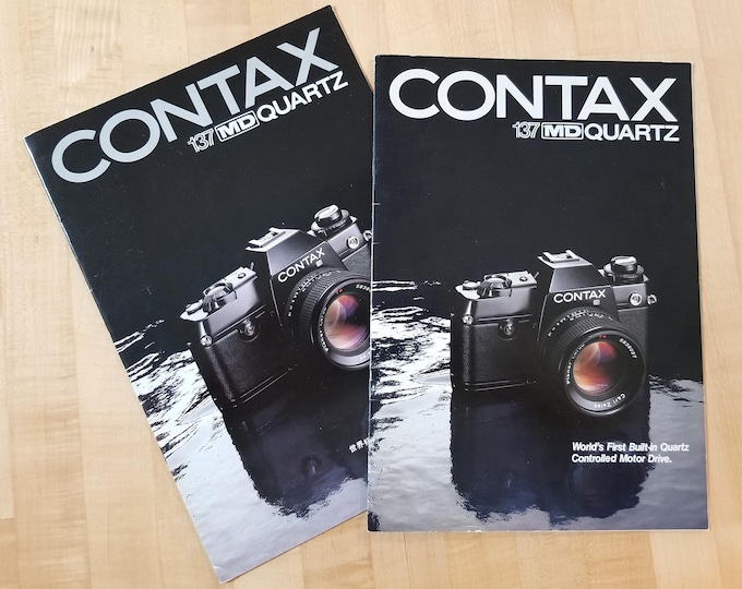 Contax 137 MD Quartz 35mm SLR Camera - Two Full Color Brochures - about 8.5 x 11 inches - 14 Pages - 1980s - English & Japanese Brochures