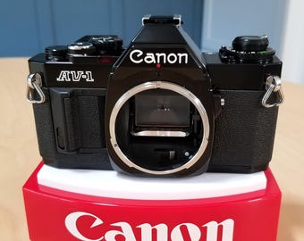 Canon Black AV-1 35mm SLR Film Camera - Minty, Super Clean & Tested - Battery, Strap, Brochure