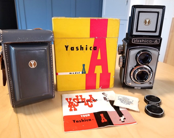 Vintage Yashica A Medium Format TLR Camera Set - Original Box, Case, Instructions, Cap - Dove Gray Leather - 100% Tested - Collector Quality
