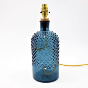 Recycled Glass Lamp Base  |  Dark Blue - Petrol  |  16 flex colours |  34cm Bottle Table Lamp  |  Diamond Pattern  |  Handmade in the UK
