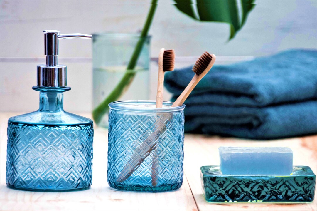 Soap Dispenser and Tumbler Set Blue 100 RECYCLED GLASS Diamond Textured Pattern Ecofriendly