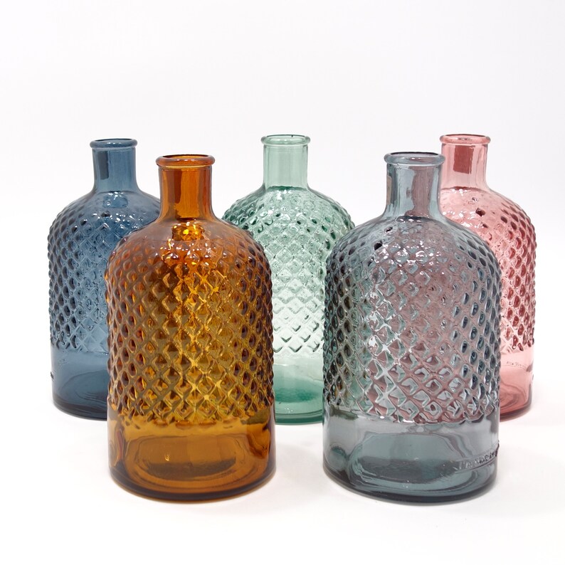 RECYCLED GLASS Bottle Vase Pink 22cm Textured Diamond Etsy UK