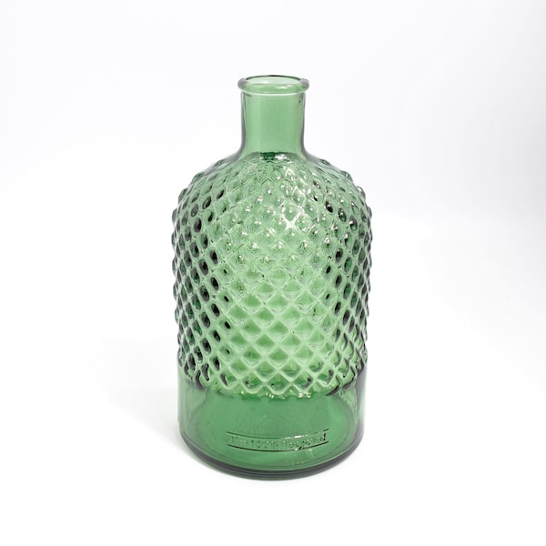 RECYCLED GLASS Sage Green Bottle Vase  |  22cm Textured Diamond Pattern  |  Eco-friendly Gift