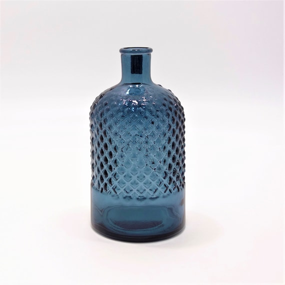 Vase bouteille en VERRE RECYCLÉ Bleu Pétrole Motif diamant texturé de 22 cm  Cadeau écologique - Etsy France