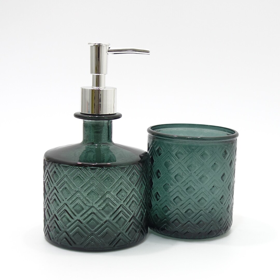 Soap Dispenser and Tumbler Bathroom Set Teal Blue Green 100 RECYCLED GLASS Diamond Pattern Eco