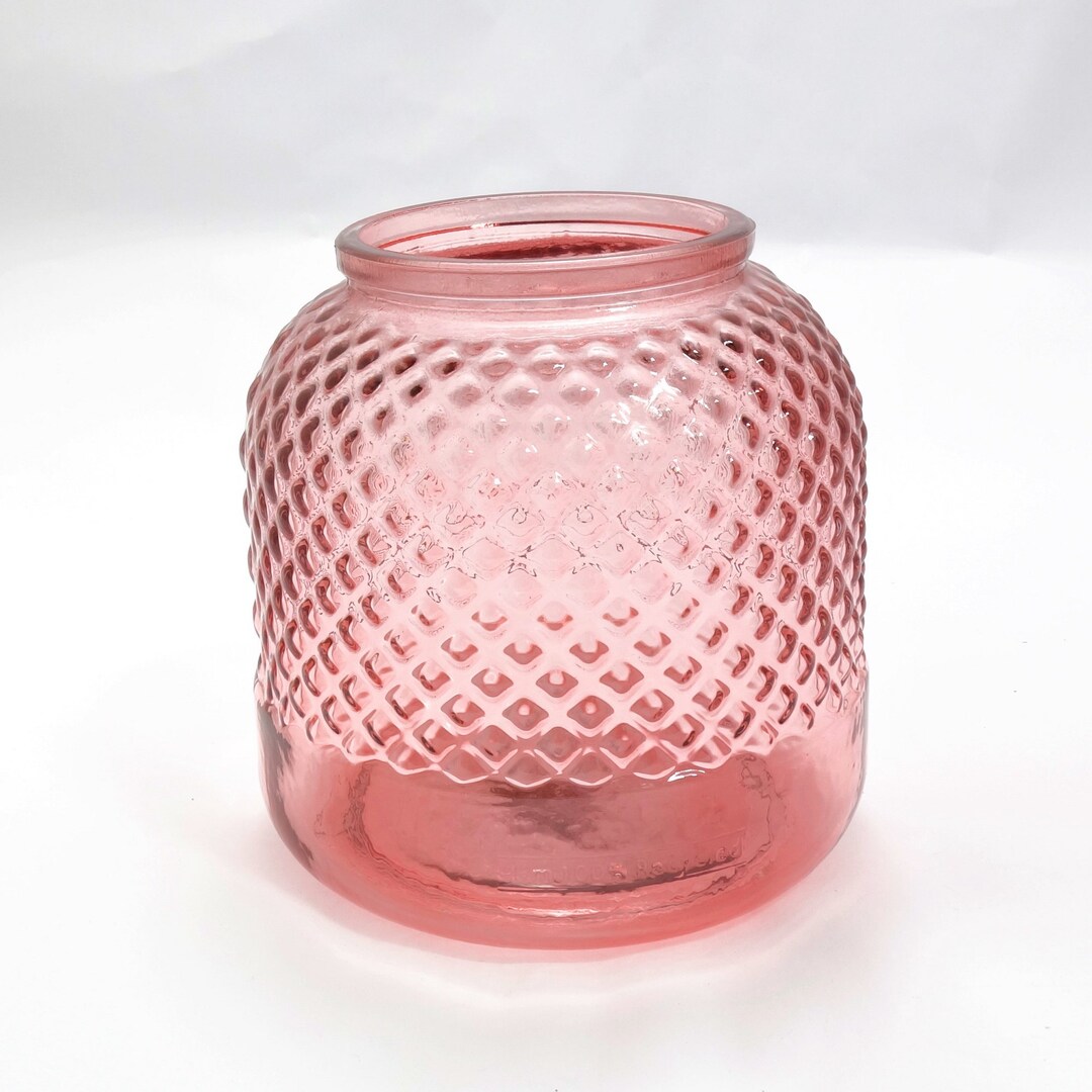 Recycled Glass Vase Pink 19cm Textured Diamond Pattern Glass Vase Tea