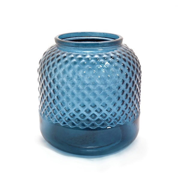 Recycled Glass Vase  |  Blue - Petrol  |  19cm Textured Diamond Pattern Glass Vase |  Tea Light Holder | Eco-friendly Gift