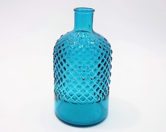 RECYCLED GLASS Aqua Blue Bottle Vase  |  22cm Textured Diamond Pattern  |  Eco-friendly Gift