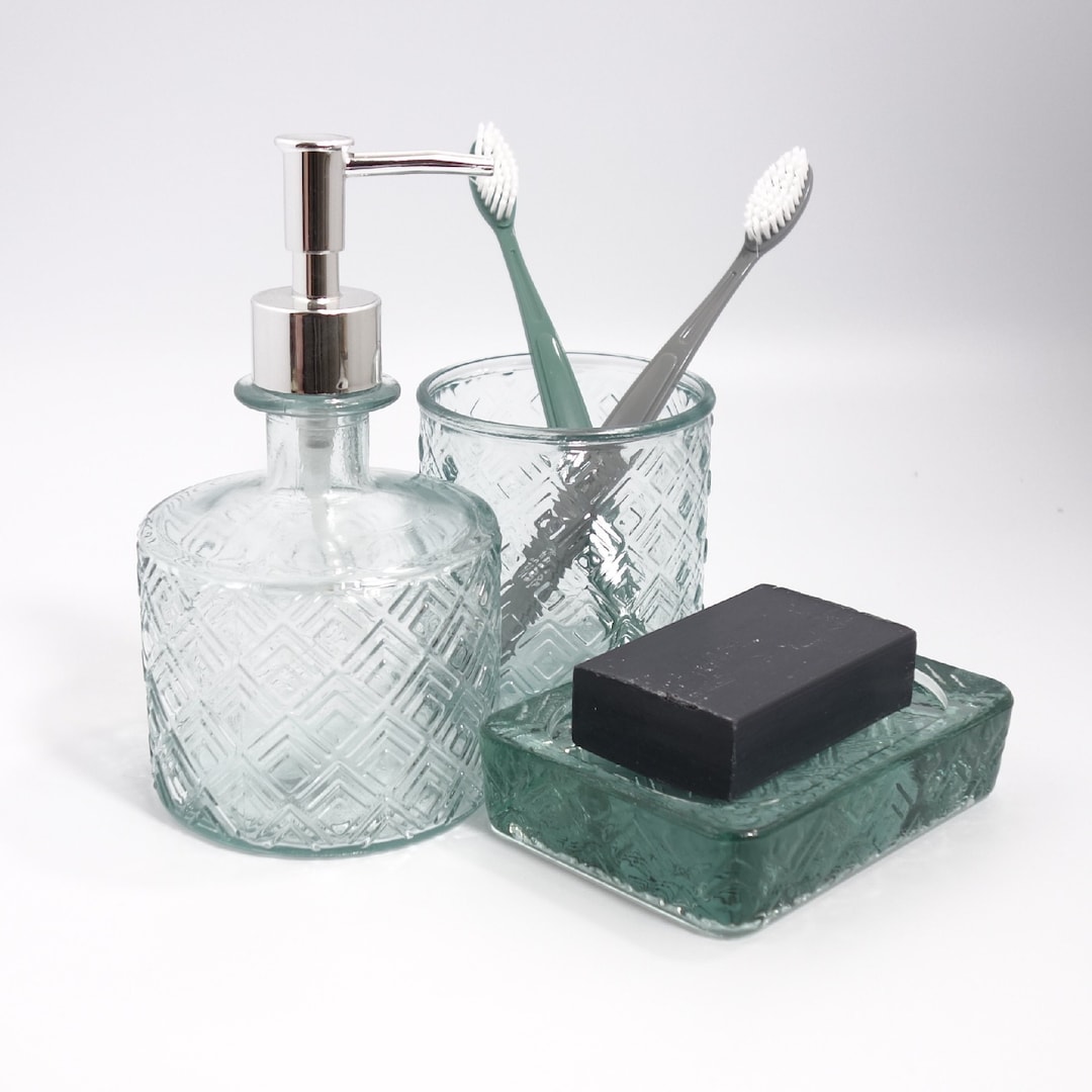 RECYCLED GLASS Bathroom Set Clear Liquid Soap Dispenser Etsy UK