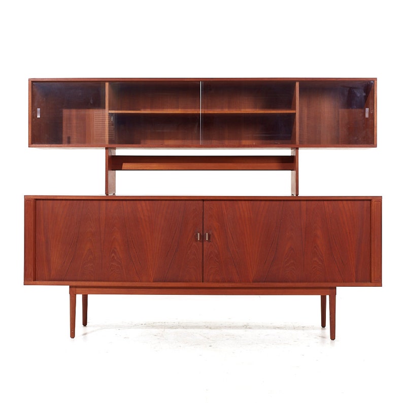 Svend Aage Larsen Mid Century Teak Tambour Door Credenza with Hutch mcm image 1