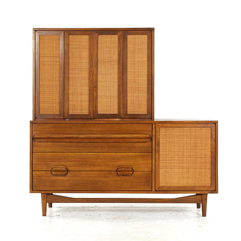 Lawrence Peabody Mid Century Walnut and Cane Buffet with Hutch mcm image 2