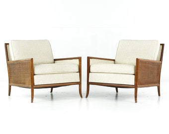 T.H. Robsjohn Gibbings Mid Century Cane Sided Lounge Chairs - Pair - mcm