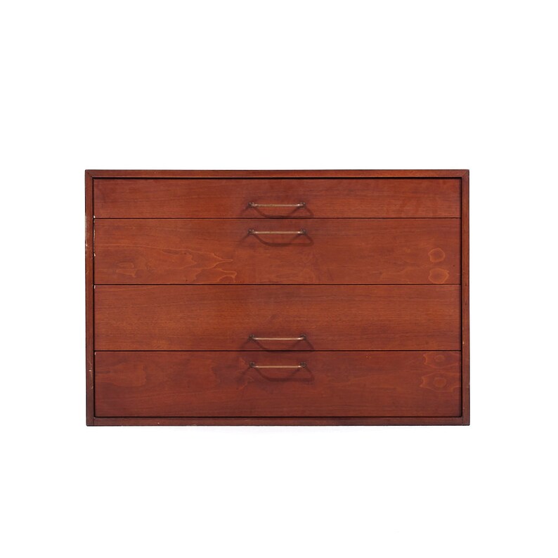 Jens Risom Mid Century Walnut and Brass Wall Mounted Cabinet Chest of Drawers mcm image 2