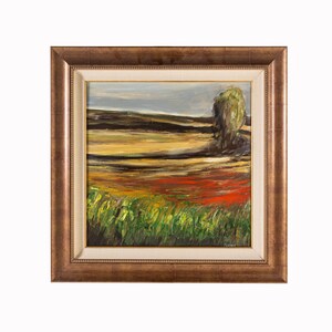 May include: Framed oil painting of a landscape with a single tree in the foreground. The painting features a field of green grass with red and yellow flowers, a brown field, and a blue sky with white clouds.