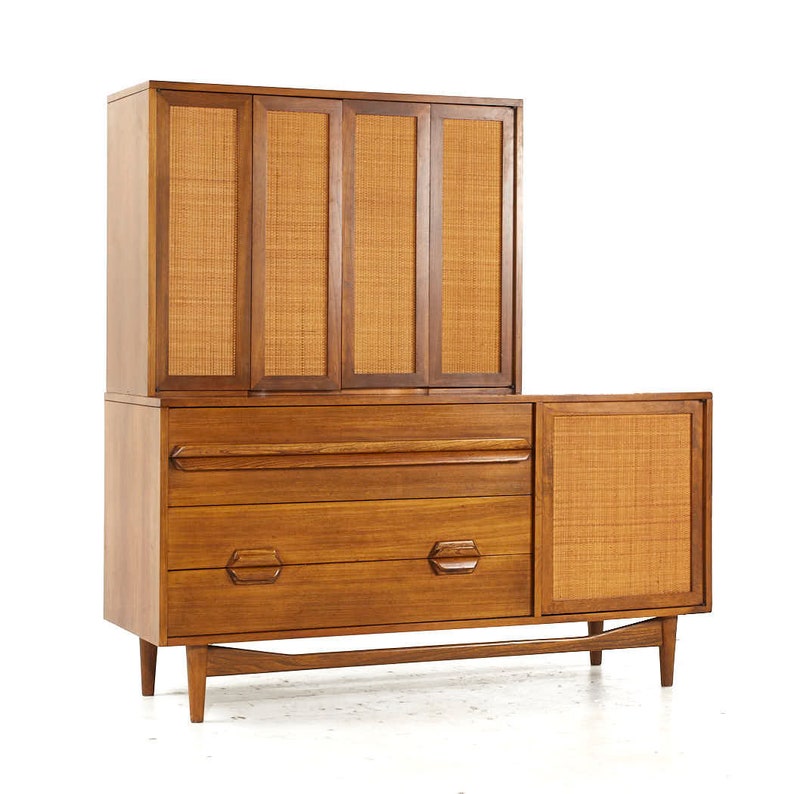Lawrence Peabody Mid Century Walnut and Cane Buffet with Hutch mcm image 1