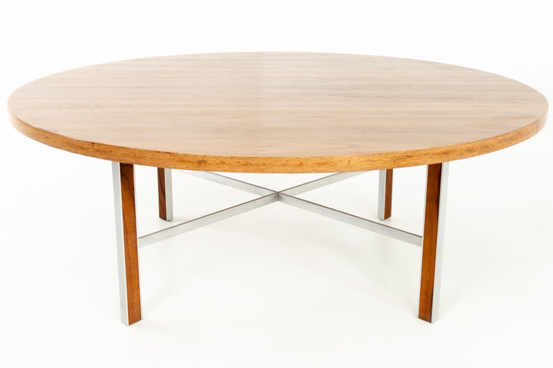 Paul McCobb for Calvin Linear Group Mid Century Round Walnut and Stainless Coffee Table mcm image 3