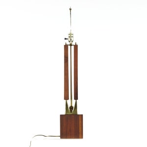 Laurel Mid Century Brass and Walnut Table Lamps Pair mcm image 9