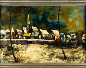 Mid Century Jacallo 'Architectural Landscape' Signed Oil on Canvas Painting - mcm