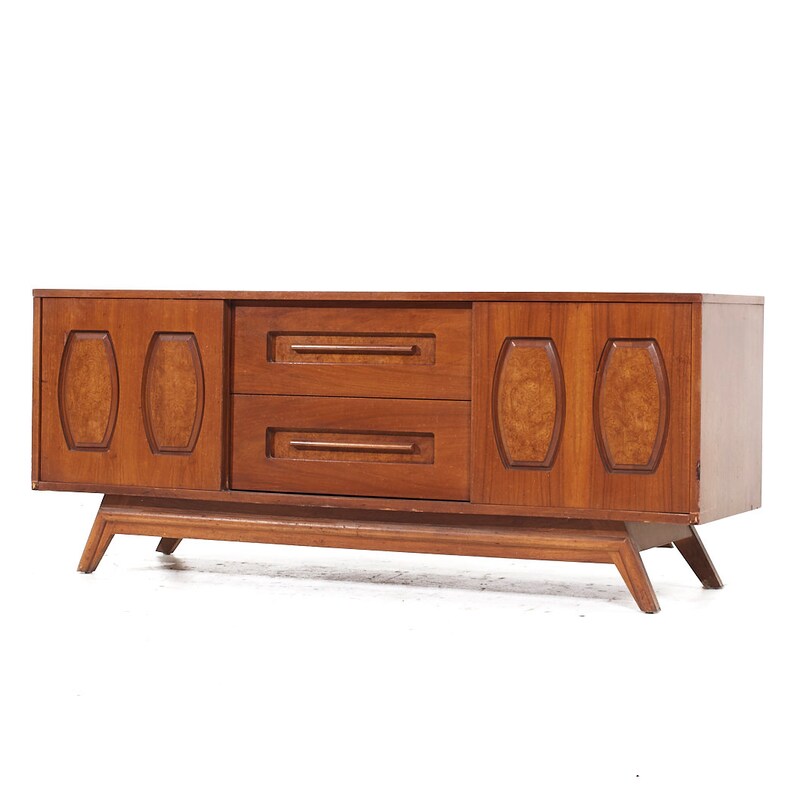 Young Manufacturing Mid Century Walnut and Burlwood Credenza and Hutch mcm image 6