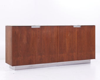 Knoll Style Mid Century Walnut and Carrara Marble Top Credenza - mcm