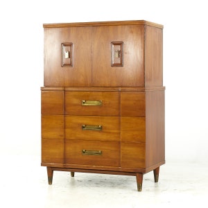 John Widdicomb Mid Century Walnut and Brass Highboy Dresser mcm image 3