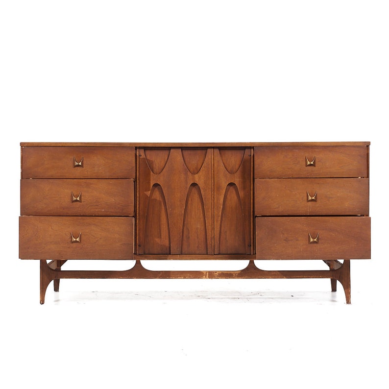 Broyhill Brasilia Mid Century Walnut and Brass 9 Drawer Lowboy Dresser mcm image 5