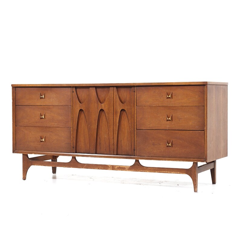 Broyhill Brasilia Mid Century Walnut and Brass 9 Drawer Lowboy Dresser mcm image 3