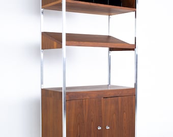 Mid Century Walnut and Chrome Freestanding Wall Unit Shelving - mcm