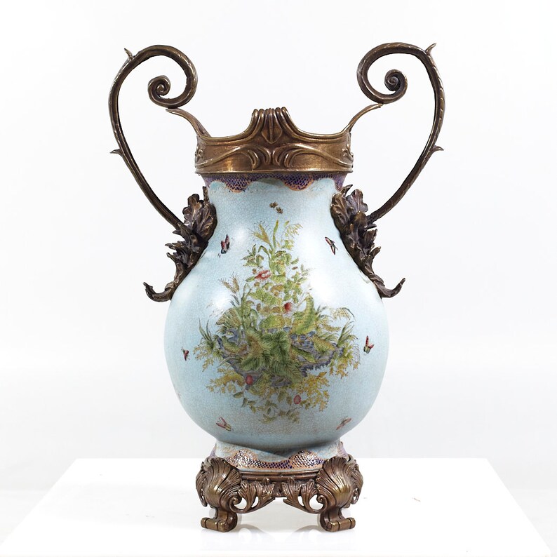Bronze and Ceramic Light Blue Vase mcm image 6