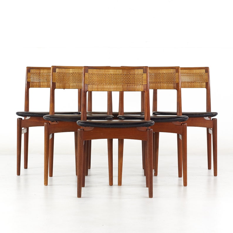 Erik Wørts Mid Century Danish Teak and Cane Dining Chairs Set of 6 mcm image 2