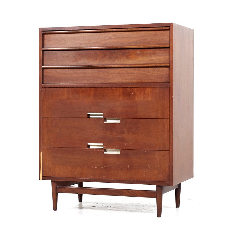 Merton Gershun for American of Martinsville Mid Century Walnut and Brass 5 Drawer Highboy Dresser mcm image 3