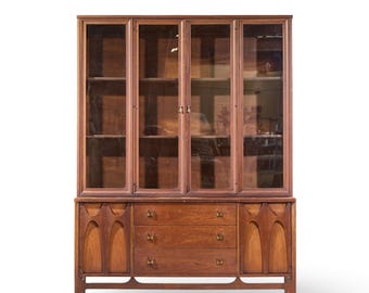 Broyhill Brasilia Mid Century Walnut and Brass Credenza and Hutch - mcm