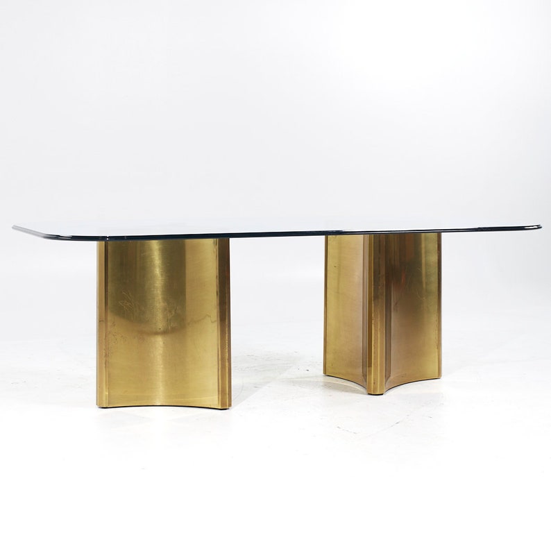 Mastercraft Mid Century Brass and Glass Pedestal Table mcm image 1